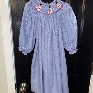 Blue Gingham Christmas Smocked Dress with Snowman Embroidery 3T